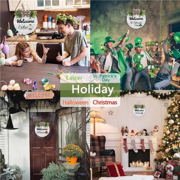 Interchangeable Wooden Seasonal Welcome Sign, Rustic Round Welcome Front Door - Picture 6 of 8